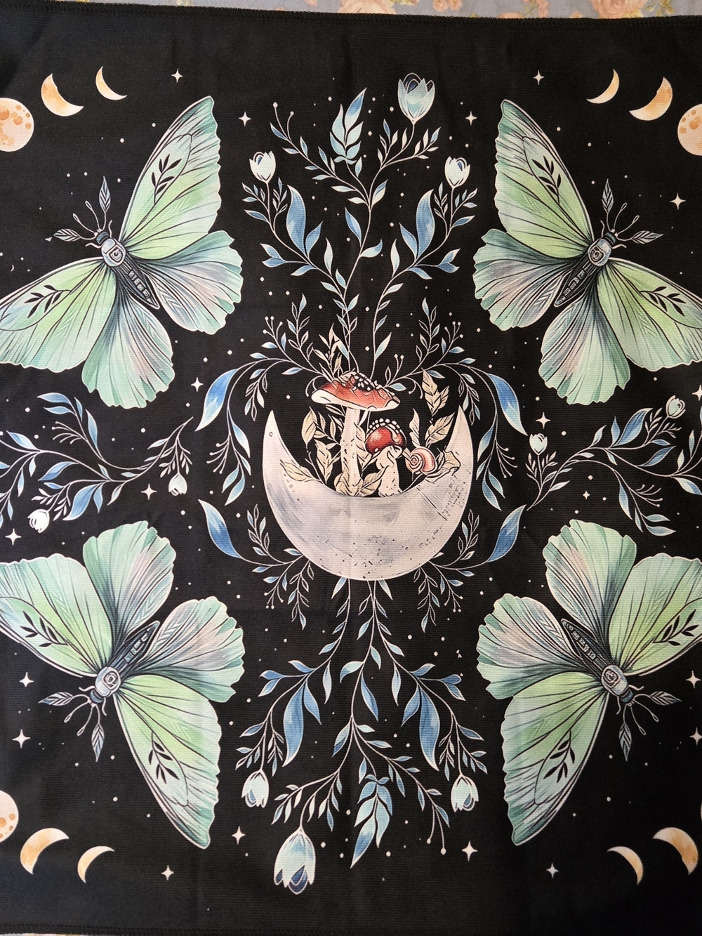 Botanical Moon & Moth Mushrooms Mini Tapestry Tarot Oracle Card Reading Cloth